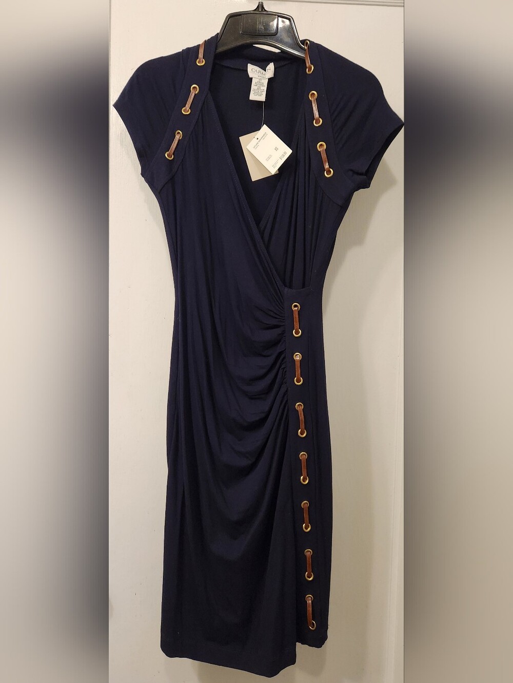 Carmen Marc Valvo Navy Faux-Wrap Midi Dress with Gold Grommets
